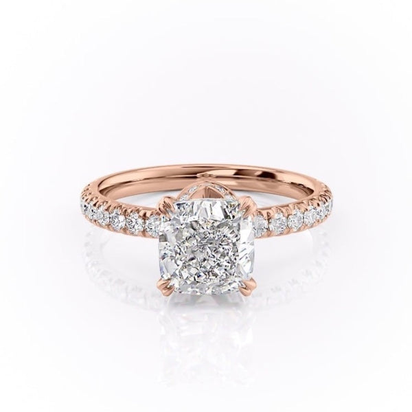 Cushion Cut Moissanite Shoulder Set Ring With Block Halo