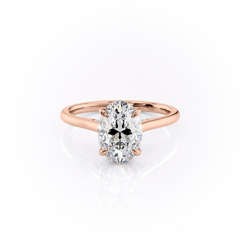 Oval Cut Moissanite Engagement Ring, Plain Band & Hidden Halo