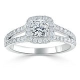 Cushion Cut Moissanite Engagement Ring, Classic Halo with Split Shank