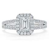 Emerald Cut Moissanite Engagement Ring, Classic Halo with Split Shank