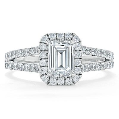 Emerald Cut Moissanite Engagement Ring, Classic Halo with Split Shank