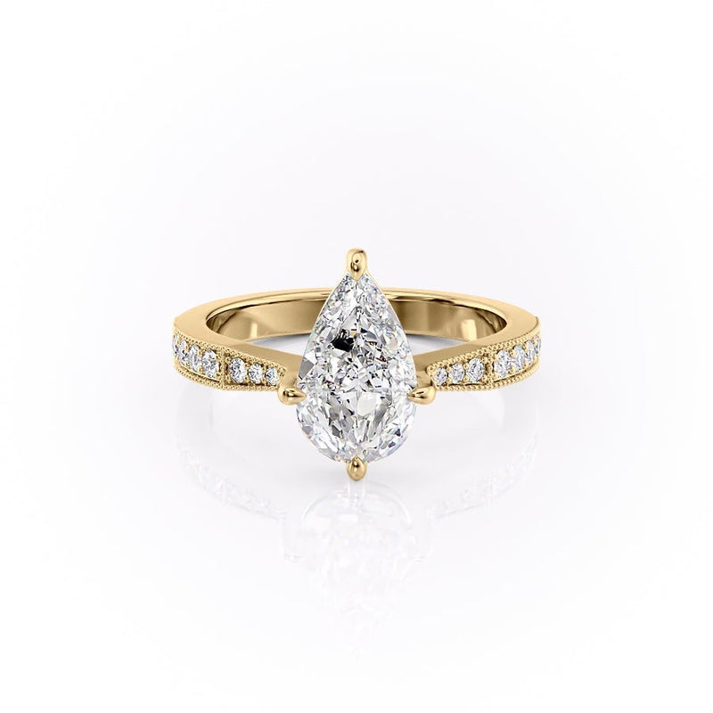 PEAR CUT MOISSANITE STONE SET SHOULDERS WITH MILGRAIN EDGE