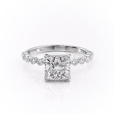PRINCESS CUT MOISSANITE SHOULDER SET RING WITH HIDDEN HALO