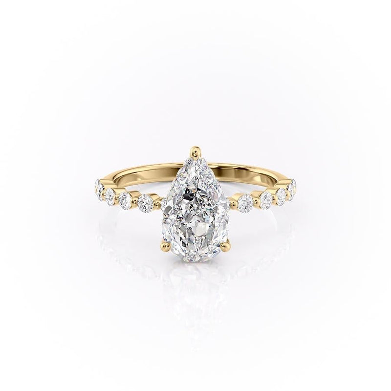 Pear Cut Moissanite Shoulder Set Ring With Hidden Halo