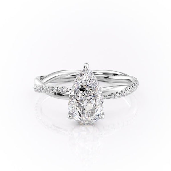 Pear Cut Moissanite Twisted Shoulder Set Ring With Hidden Halo
