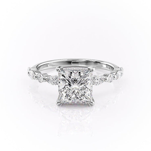 Princess Cut Moissanite Engagement Ring With Hidden Halo