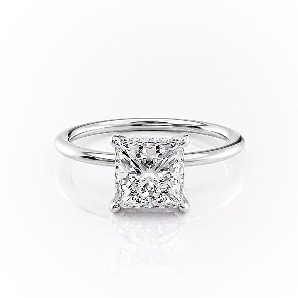 Princess Cut Moissanite, Plain Band Hidden Halo - Main Image
