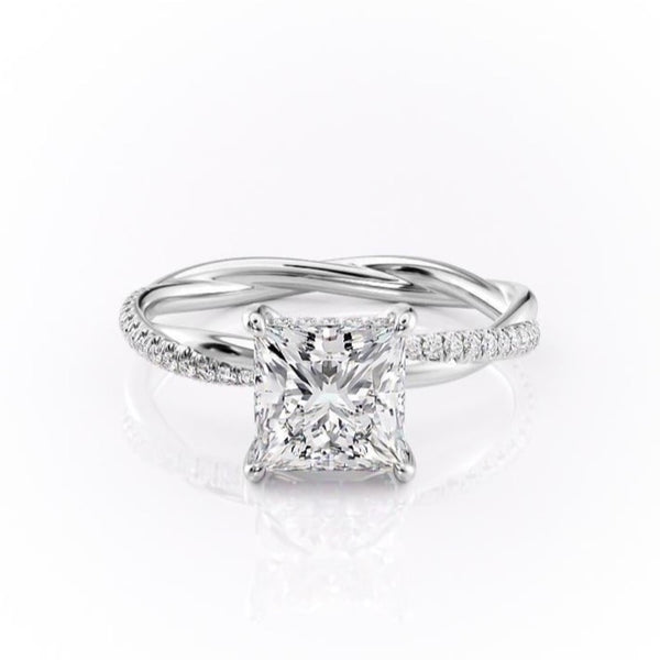 Princess Cut Moissanite Twisted Shoulder Set Ring With Hidden Halo