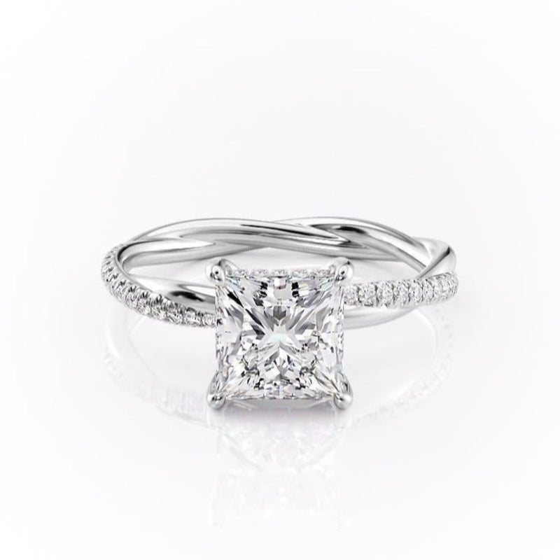 Princess Cut Moissanite Twisted Shoulder Set Ring With Hidden Halo