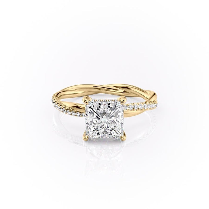 Princess Cut Moissanite Twisted Shoulder Set Ring With Hidden Halo