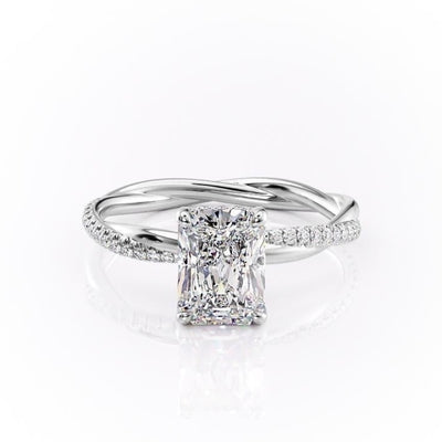 Radiant Cut Moissanite Twisted Shoulder Set Ring With Hidden Halo