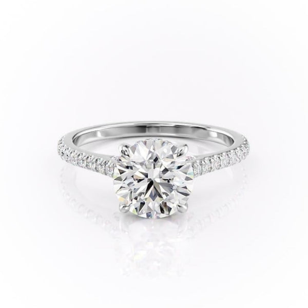 Round Cut Moissanite Shoulder Set Ring With Hidden Halo