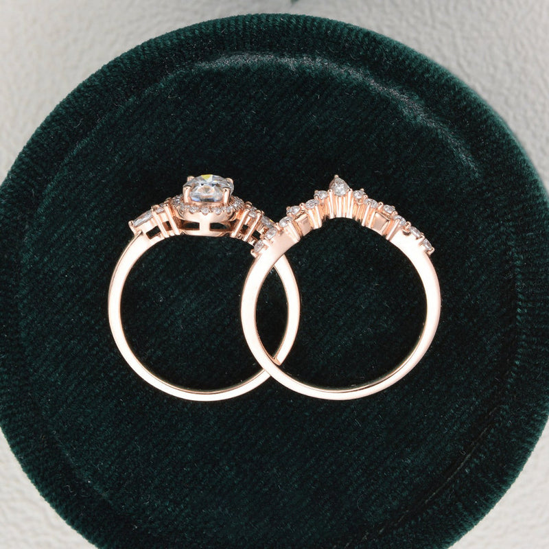 Bridal Ring Set, Oval Cut Center Stone, Hidden Halo
