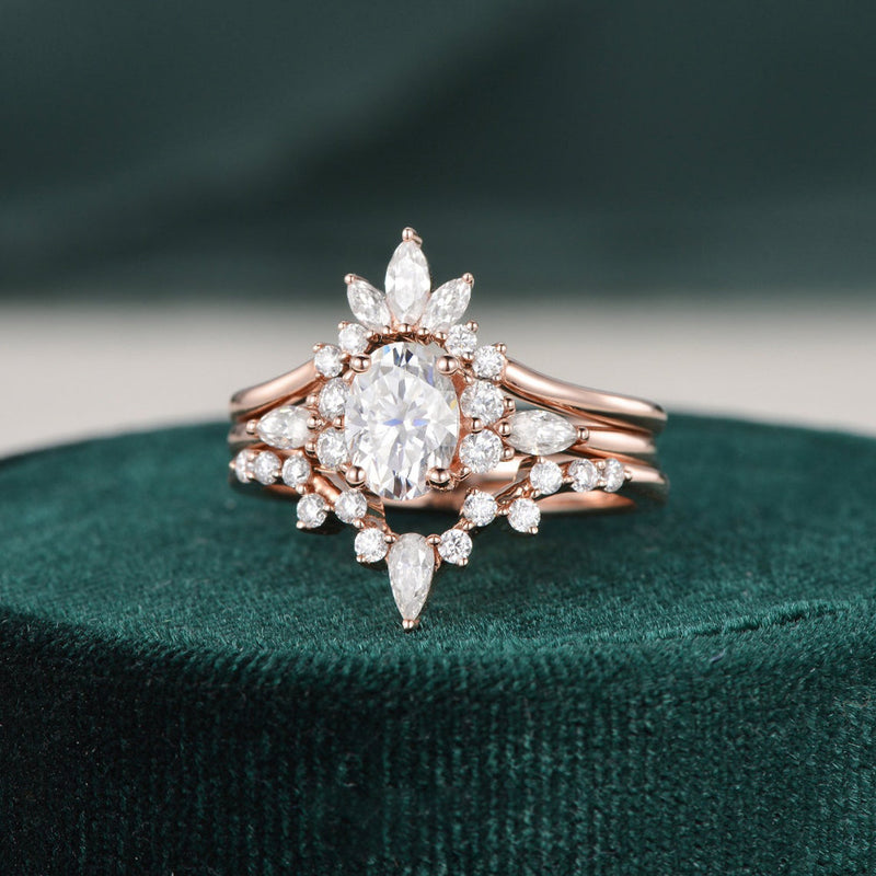 3pcs Vintage Style Bridal Ring Set, Oval Cut Center Stone