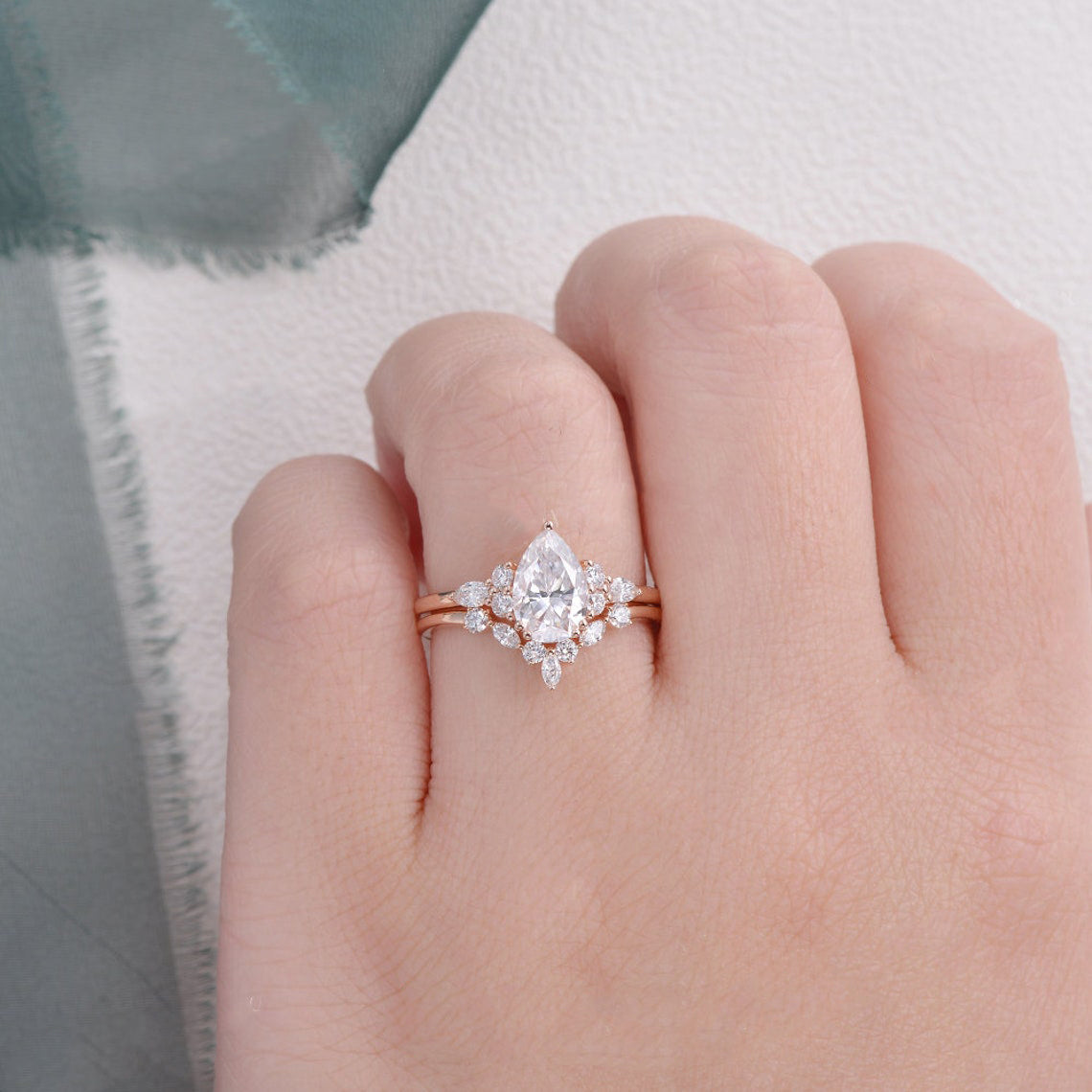 Vintage Style Bridal Ring Set, Pear Cut Center Stone