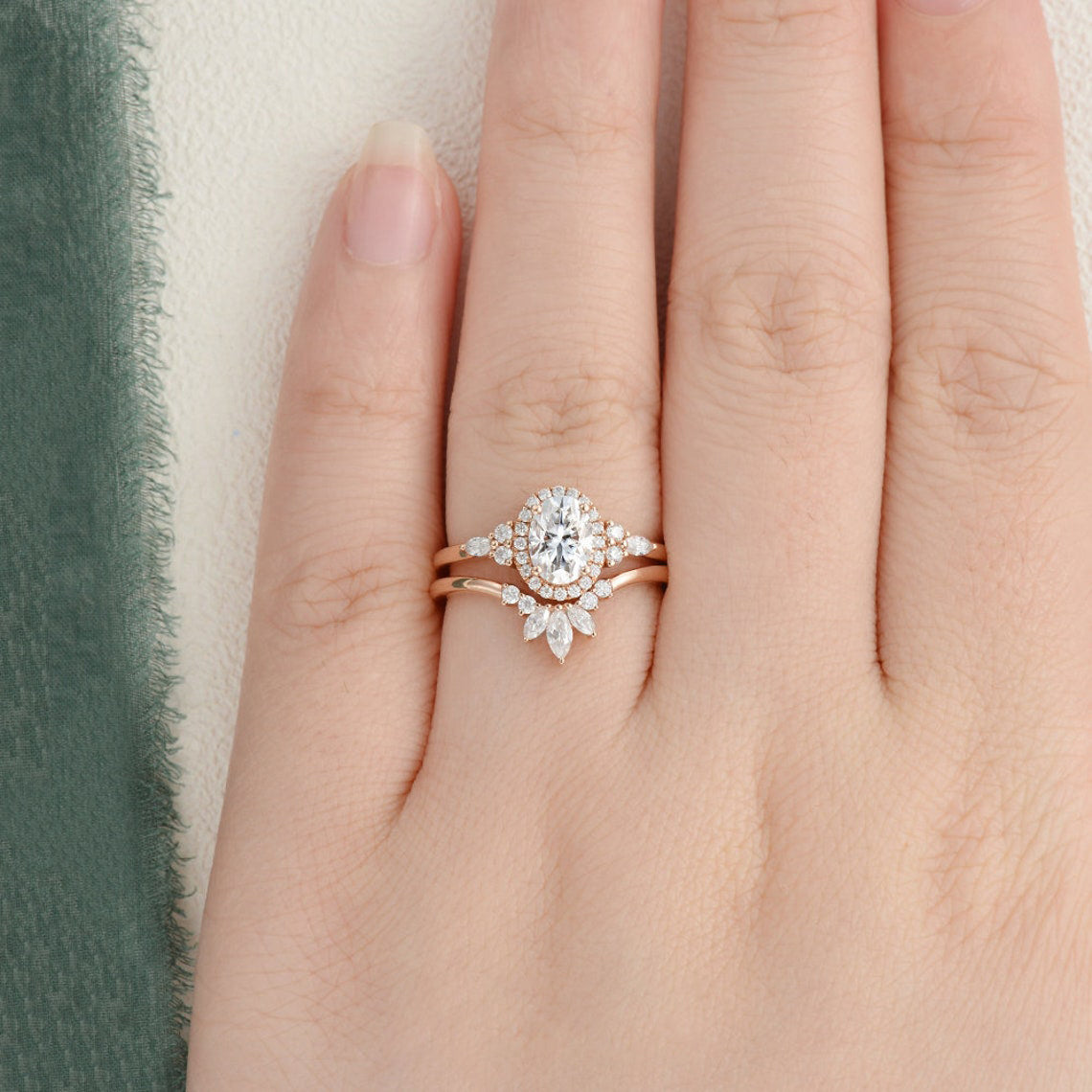 Bridal Ring Set, Oval Cut Center Stone, Hidden Halo