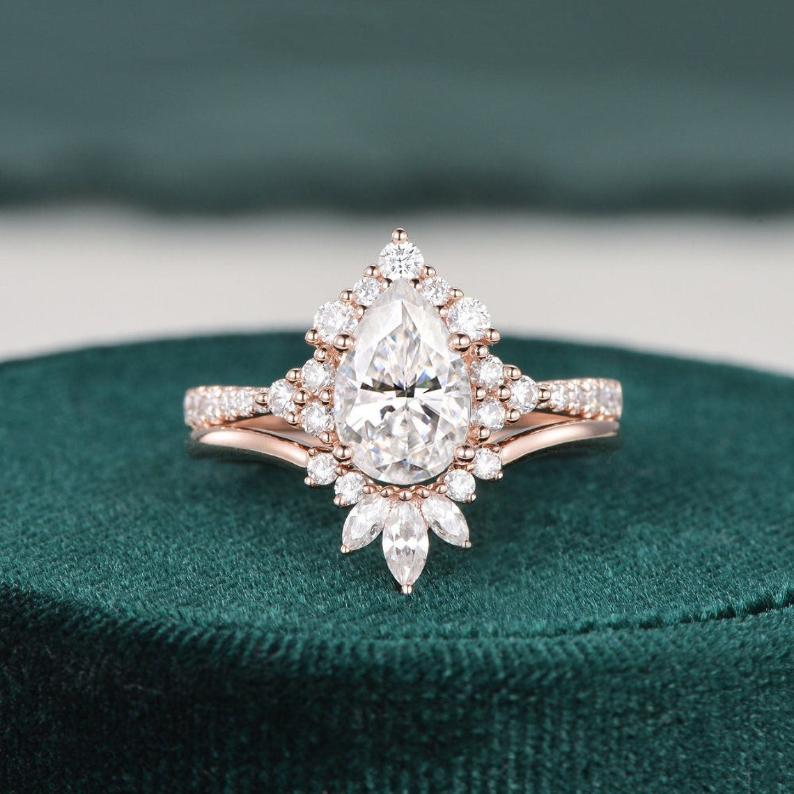 Vintage Style Bridal Ring Set, Pear Cut Center Stone