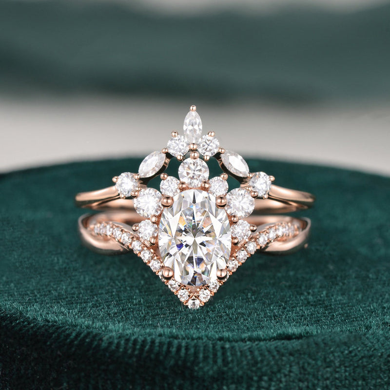 Vintage Style Bridal Ring Set, Oval Cut Center Stone