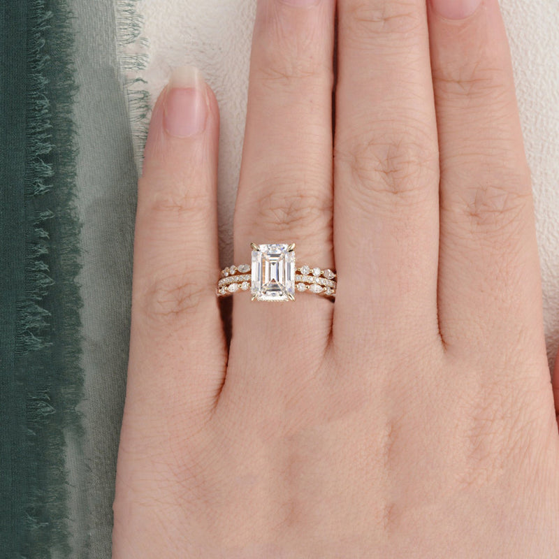 Bridal Ring Set Emerald Cut Center Stone Flawless Moissanite