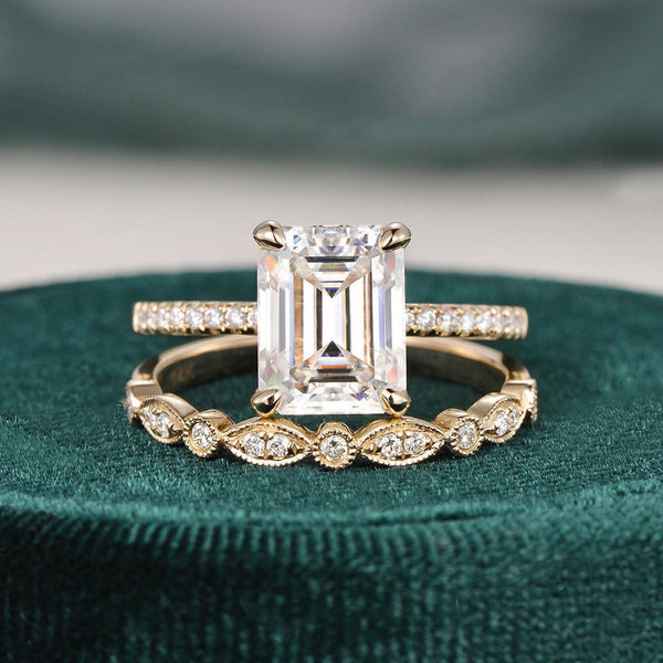 Bridal Ring Set, Emerald Cut Center Stone