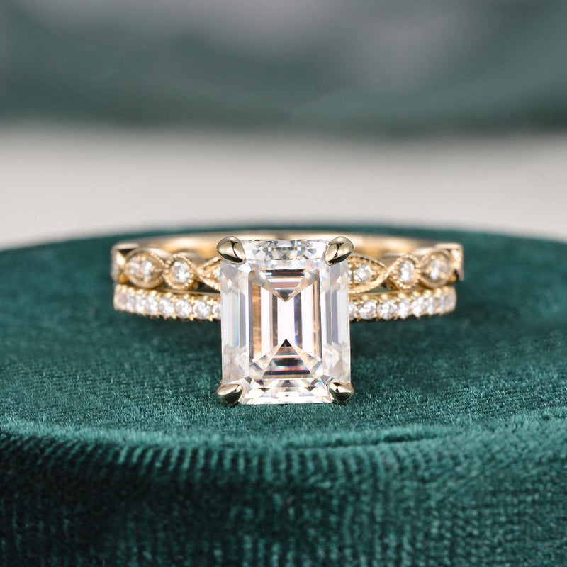 Bridal Ring Set, Emerald Cut Center Stone