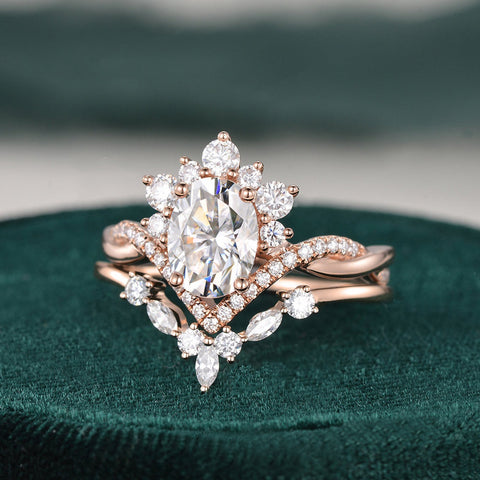 Vintage Style Bridal Ring Set, Oval Cut Center Stone