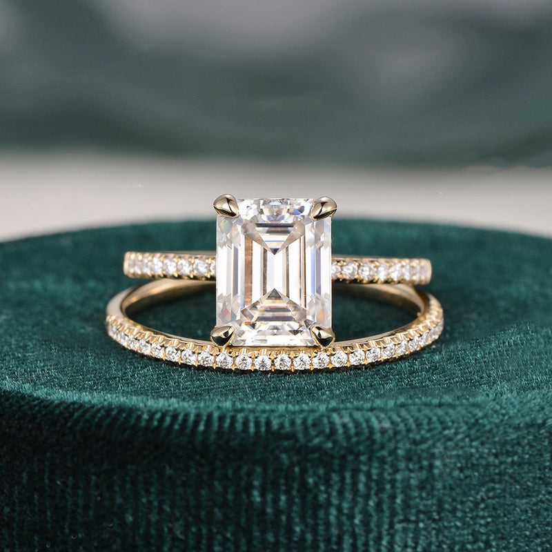 2pc Emerald Engagement Ring Set 14k Yellow Gold Real Diamond Ring 8x10mm Emerald  Ring Gold Stacking Matching Wedding Bridal Promise Ring Set - Etsy