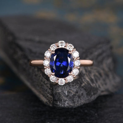 Blue Sapphire & Moissanite Ring, Halo Surround