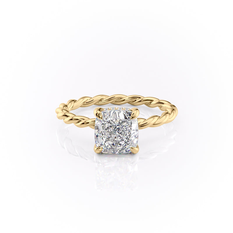 Cushion Cut Moissanite Ring, Twisted Band With Hidden Halo