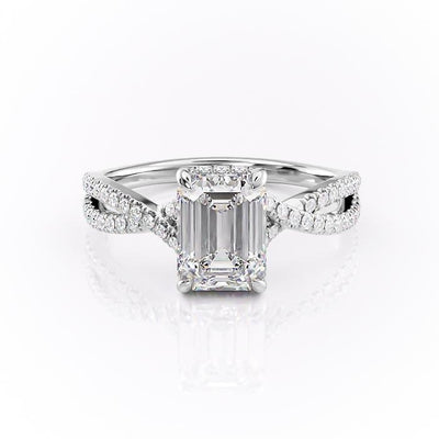 EMERALD CUT MOISSANITE ENGAGEMENT RING, TWISTED STONE SET SHOULDERS