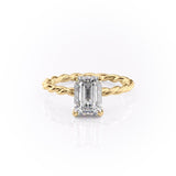 EMERALD CUT MOISSANITE ENGAGEMENT RING, TWISTED BAND WITH HIDDEN HALO