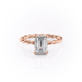 EMERALD CUT MOISSANITE ENGAGEMENT RING, TWISTED BAND WITH HIDDEN HALO