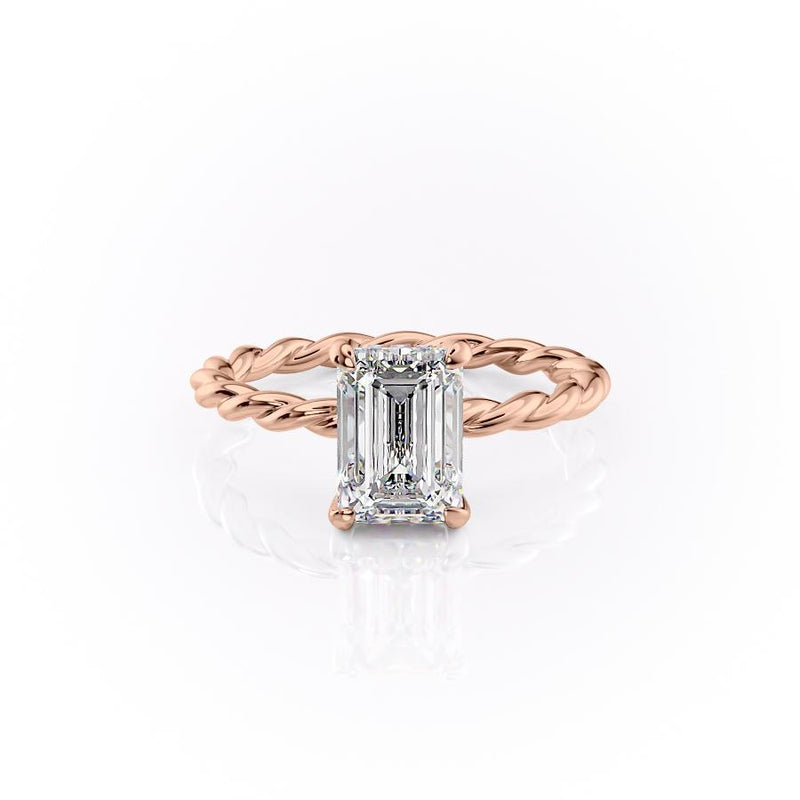 EMERALD CUT MOISSANITE ENGAGEMENT RING, TWISTED BAND WITH HIDDEN HALO
