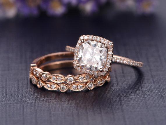 Cushion Cut Bridal Ring Set, Vintage Style Bands - Main Image