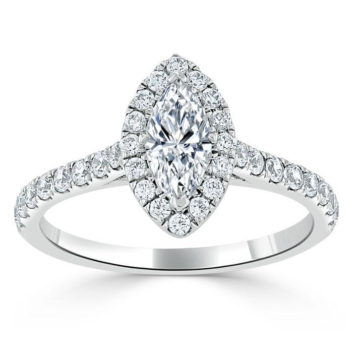 Marquise Cut Moissanite Halo Engagement Ring, Tiffany Style