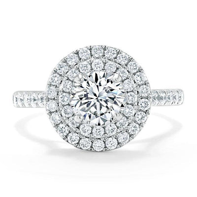 Round Cut Moissanite Double Halo Engagement Ring, Tiffany Style