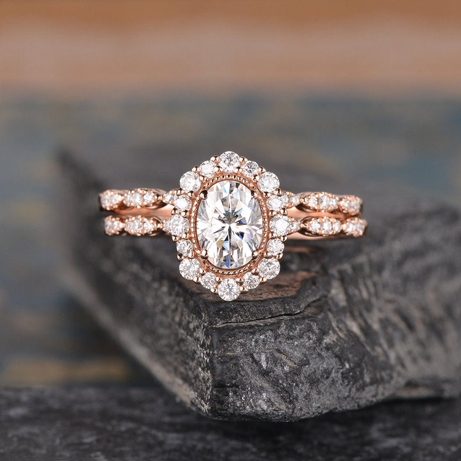 Ring Set Rose Gold Oval Diamond Wedding Ring Oval Cut Moissanite