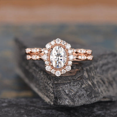 Oval Cut Moissanite Bridal Ring Set, Vintage Inspired