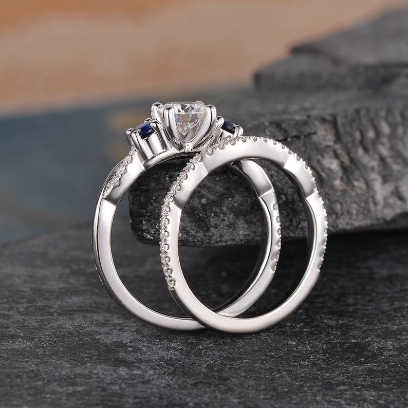 Round Cut Moissanite and Sapphire Ring set