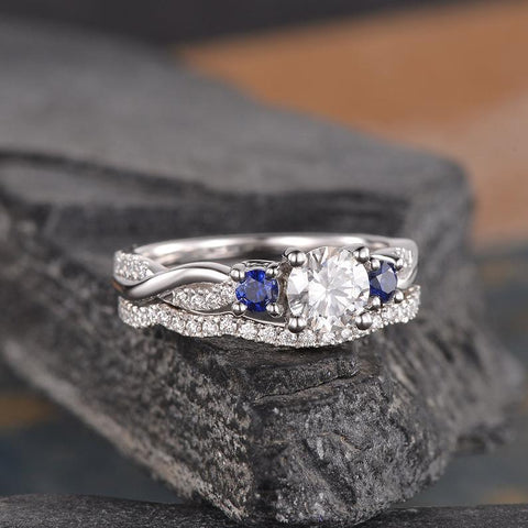 Round Cut Moissanite and Sapphire Ring set - Main Image