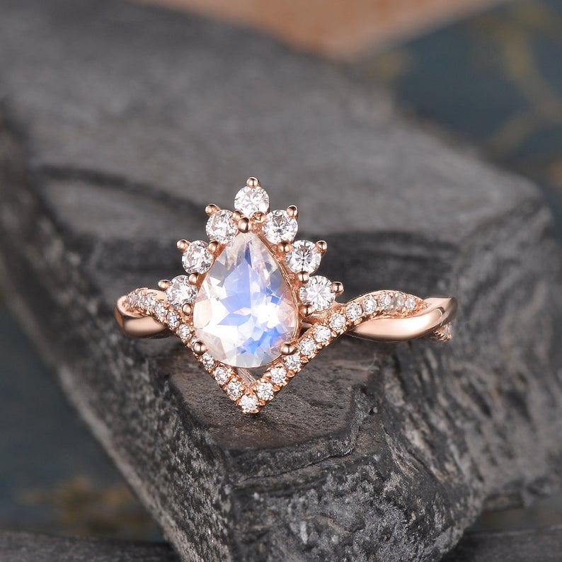 Pear Cut Moonstone Ring Flawless Moissanite