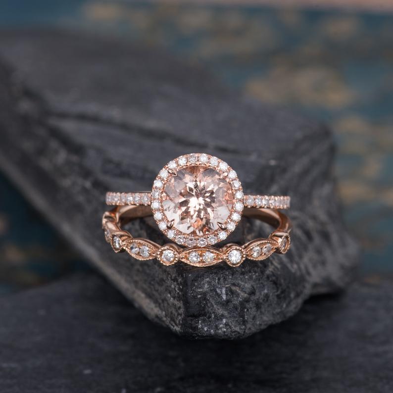 Round Cut Morganite Moissanite Bridal Ring set