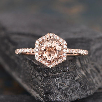 Round Cut Morganite, Hexagon Halo