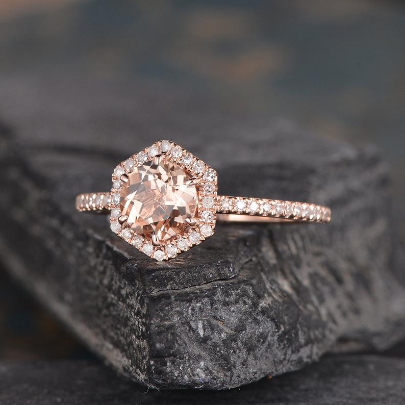 Round Cut Morganite, Hexagon Halo