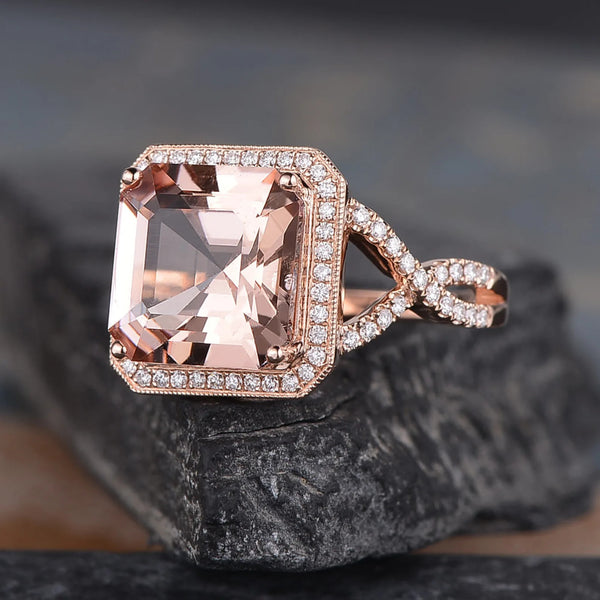 Asscher Cut Morganite Halo Ring