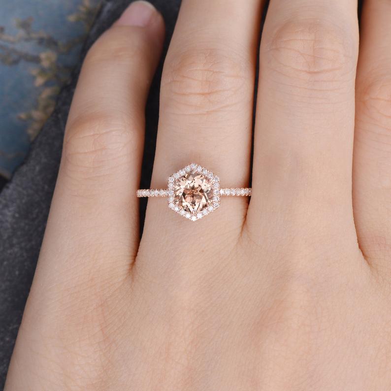 Round Cut Morganite Hexagon Halo Flawless Moissanite