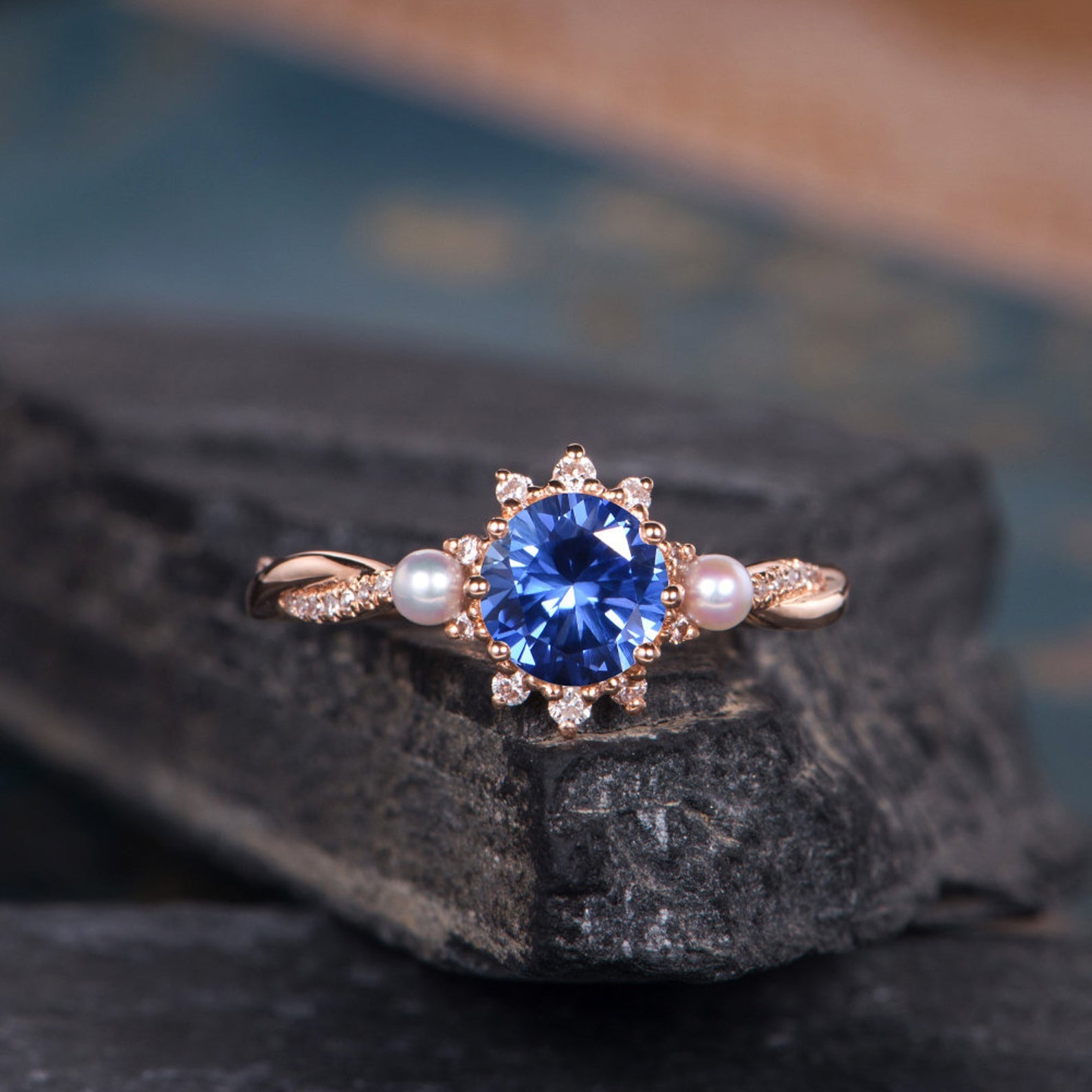 Blue Sapphire & Akoya Pearl Ring, Halo Surround | Flawless Moissanite