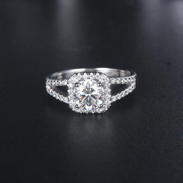 1.00ct Moissanite Engagement Ring, Classic Halo with Split Shank , Sterling Silver & Platinum
