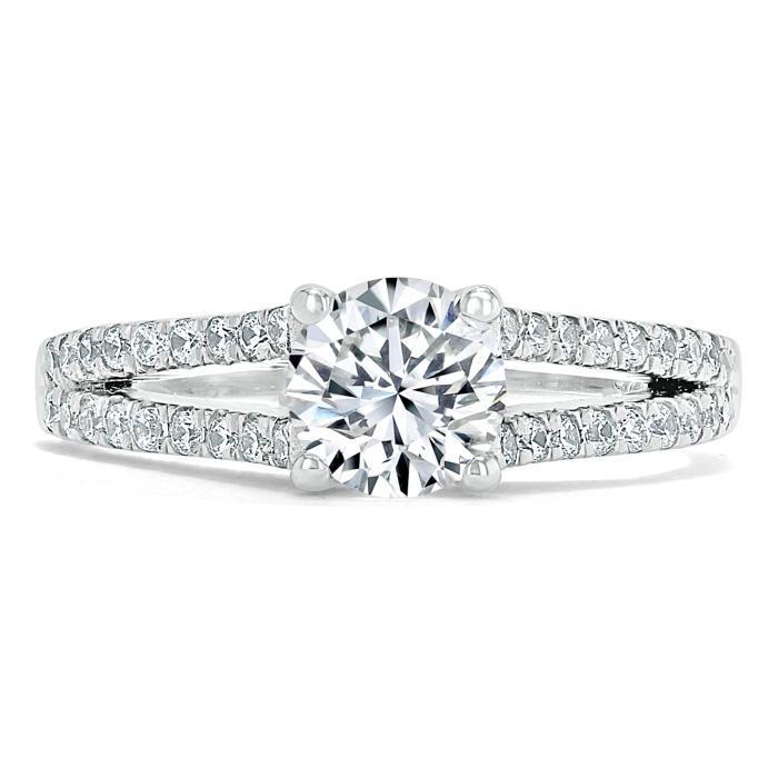Round Cut Moissanite Engagement Ring, Tiffany Style Double Row Band