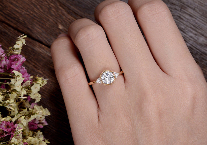 Round Cut Moissanite Engagement Ring, Art Deco Trilogy Design